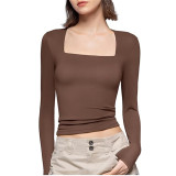 Cross border New Women's Fashion Casual Square Neck Slim Fit Long sleeved T-shirt Bottom