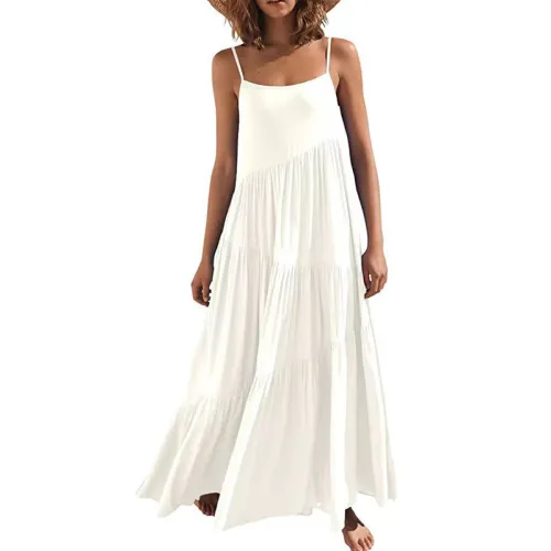 Summer women's loose solid color pleated irregular dress beach strap long skirt