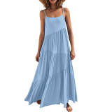 Summer women's loose solid color pleated irregular dress beach strap long skirt
