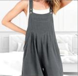 Women's bagged cotton and linen loose casual slimming wide leg jumpsuit shorts