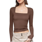 Cross border New Women's Fashion Casual Square Neck Slim Fit Long sleeved T-shirt Bottom