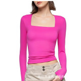 Cross border New Women's Fashion Casual Square Neck Slim Fit Long sleeved T-shirt Bottom