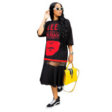 Amazon Independent Station Large Size Women's Printed Mesh Splicing Dress T-shirt Long Dress Letter Summer