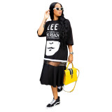 Amazon Independent Station Large Size Women's Printed Mesh Splicing Dress T-shirt Long Dress Letter Summer