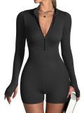 Women wearing ribbed high elasticity exercise yoga tight fitting zipper thumb button jumpsuit for external wear