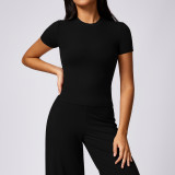 Breathable and quick drying tight yoga short sleeved fitness top, threaded versatile casual sports T-shirt short sleeved