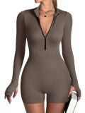 Women wearing ribbed high elasticity exercise yoga tight fitting zipper thumb button jumpsuit for external wear