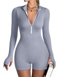 Women wearing ribbed high elasticity exercise yoga tight fitting zipper thumb button jumpsuit for external wear