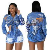European and American Amazon foreign trade fashion printing two-piece set of long sleeved shirt top paired with shorts for women