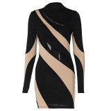 New fashion patchwork hollowed out round neck long sleeved slim fit dress