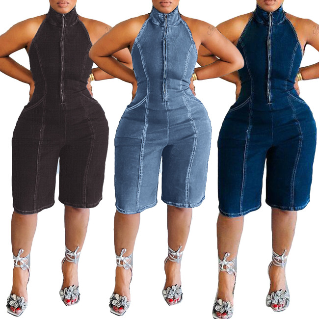 New hanging neck backless jumpsuit, popular cross-border sales in Europe and America, zippered backless elastic jumpsuit