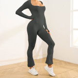 One piece yoga suit, tight fitting suit, long sleeved flared pants, and thumb hole exercise for quick drying