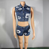 European and American women's trendy denim set, fashionable flower offset printed denim shorts 2-piece set