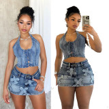 European and American women's summer new denim skirt set with fashionable design, cross embroidery, casual stretch denim two-piece set