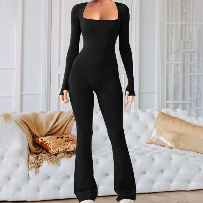 One piece yoga suit, tight fitting suit, long sleeved flared pants, and thumb hole exercise for quick drying