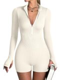 Women wearing ribbed high elasticity exercise yoga tight fitting zipper thumb button jumpsuit for external wear