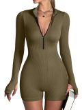 Women wearing ribbed high elasticity exercise yoga tight fitting zipper thumb button jumpsuit for external wear