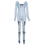 New sexy perspective hollow high waisted jacquard tight fitting long sleeved lace jumpsuit for women