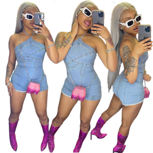 New Hanging Neck Jumpsuit Hot Selling on Amazon in Europe and America Hanging Neck Open Back Elastic jumpsuit shorts