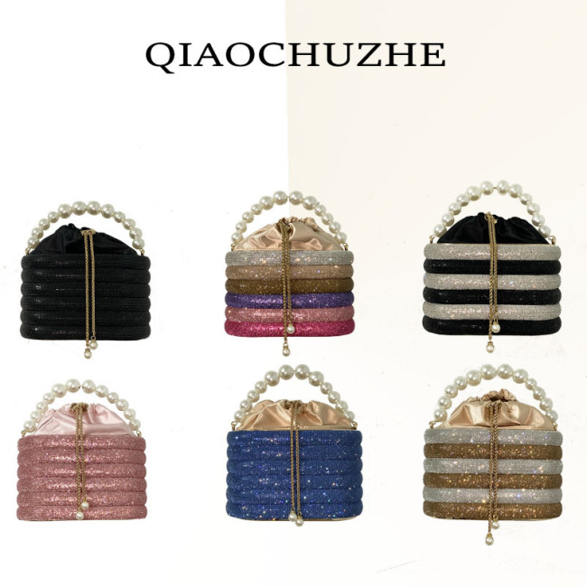 Women's New Water Diamond Bag Pearl Bag Chain Sweet Bird Cage Handheld One Shoulder Crossbody Bag Dinner Bag