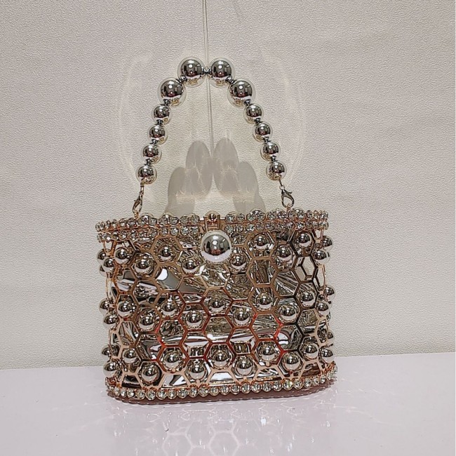 French niche new trendy metal pearl bag, women's high-end bucket bag, versatile diagonal cross bird cage bag, banquet women's bag