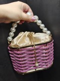 Handheld shoulder bag with metal hollow, shiny and colorful rhinestone vegetable basket, bird cage bag, banquet diamond bucket, crossbody bag