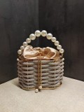 Handheld shoulder bag with metal hollow, shiny and colorful rhinestone vegetable basket, bird cage bag, banquet diamond bucket, crossbody bag