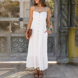 Fashionable and sexy pleated cross-border suspender with solid color buttons, mid length dress