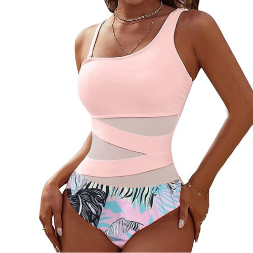 One piece bikini sexy solid color patchwork swimsuit women's mesh