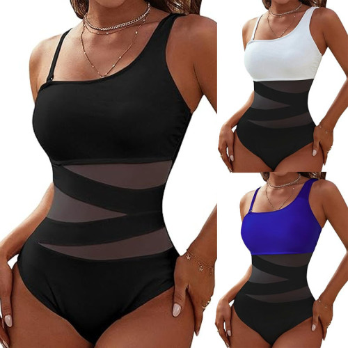 One piece bikini sexy solid color patchwork swimsuit women's mesh