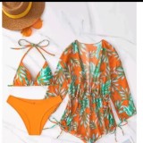 Split multi-color printed bikini three piece swimsuit for women's swimwear