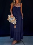 Fashionable and sexy pleated cross-border suspender with solid color buttons, mid length dress