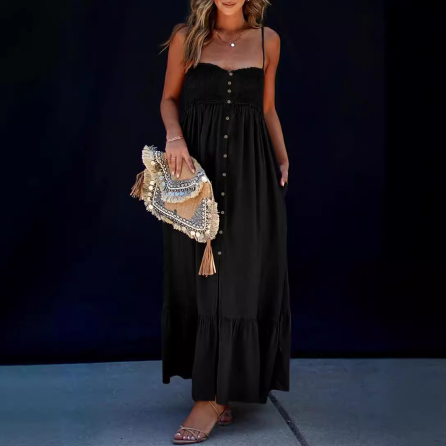 Fashionable and sexy pleated cross-border suspender with solid color buttons, mid length dress