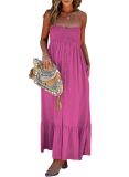 Fashionable and sexy pleated cross-border suspender with solid color buttons, mid length dress