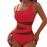 One piece bikini sexy solid color patchwork swimsuit women's mesh