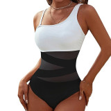 One piece bikini sexy solid color patchwork swimsuit women's mesh