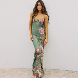 New women's long dress with vacation style, elegant and slim fitting print design, and a sense of camisole dress for women