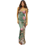 New women's long dress with vacation style, elegant and slim fitting print design, and a sense of camisole dress for women