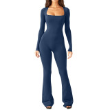Women's long sleeved waist cinching and hip lifting square collar wide leg high elastic jumpsuit