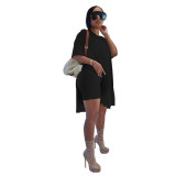 Summer Short sleeved Set Solid Color Mid length Split Short sleeved Shorts Set