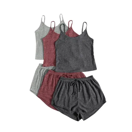 New ribbed knitted casual two-piece set with exposed navel suspender and high waist strap shorts set