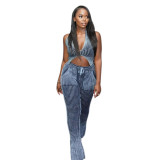 New Street Photo Sexy Knitted Low cut Hollow Wrapped Hip Long Pants Set for Women