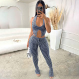 New Street Photo Sexy Knitted Low cut Hollow Wrapped Hip Long Pants Set for Women