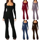 Women's long sleeved waist cinching and hip lifting square collar wide leg high elastic jumpsuit