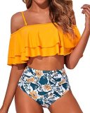 Women's two-piece high waisted bikini suit swimsuit with tuck in lower garment and pleated off shoulder swimsuit