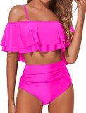 Women's two-piece high waisted bikini suit swimsuit with tuck in lower garment and pleated off shoulder swimsuit