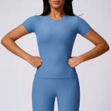 Quick drying yoga top, T-shirt, fitness suit, cover up, threaded Pilates running sports short sleeves
