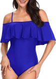 Women's two-piece high waisted bikini suit swimsuit with tuck in lower garment and pleated off shoulder swimsuit