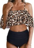 Women's two-piece high waisted bikini suit swimsuit with tuck in lower garment and pleated off shoulder swimsuit