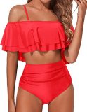 Women's two-piece high waisted bikini suit swimsuit with tuck in lower garment and pleated off shoulder swimsuit